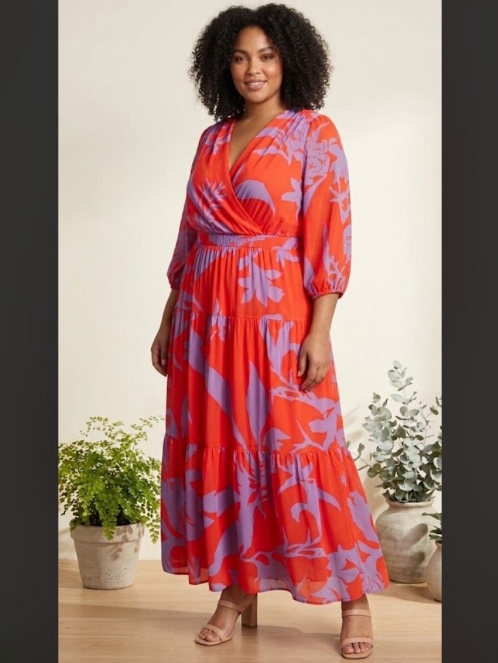 Taylor Tiered Orange Purple Farrari Wisteria Pattern Maxi Dress